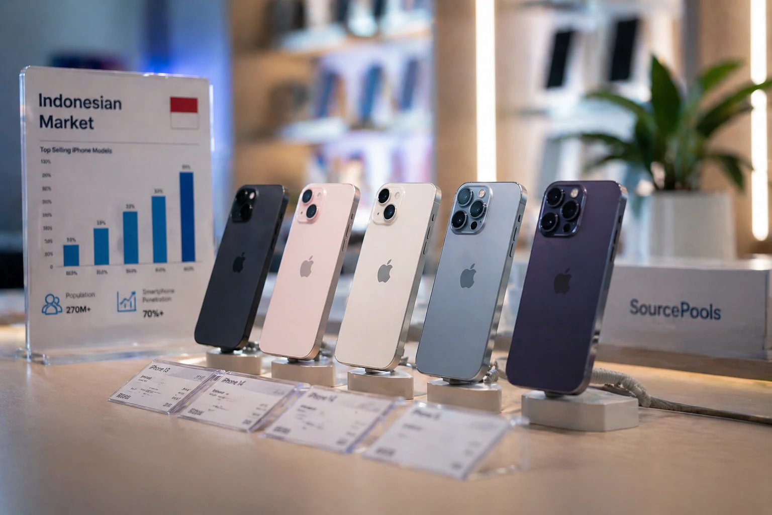Popular used iPhone models available wholesale including iPhone 13, 14 and 15 series for Indonesian dealers