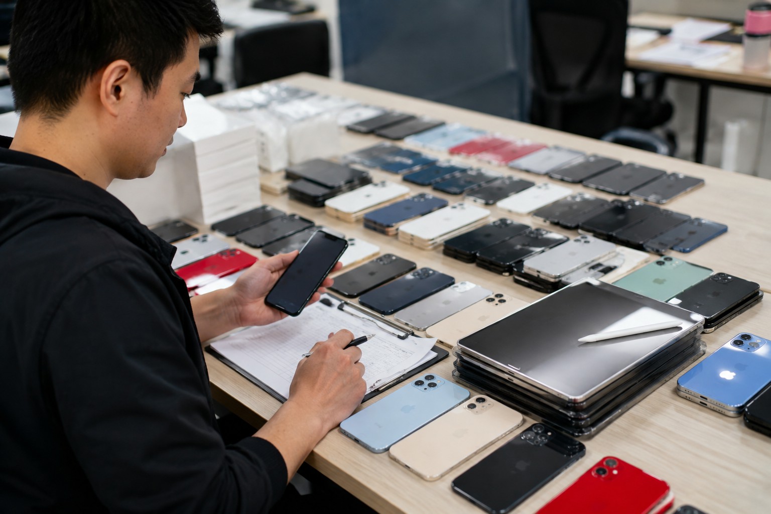 Flat-lay of Apple iPhones and accessories on a white background, representing a graded wholesale iPhone lot