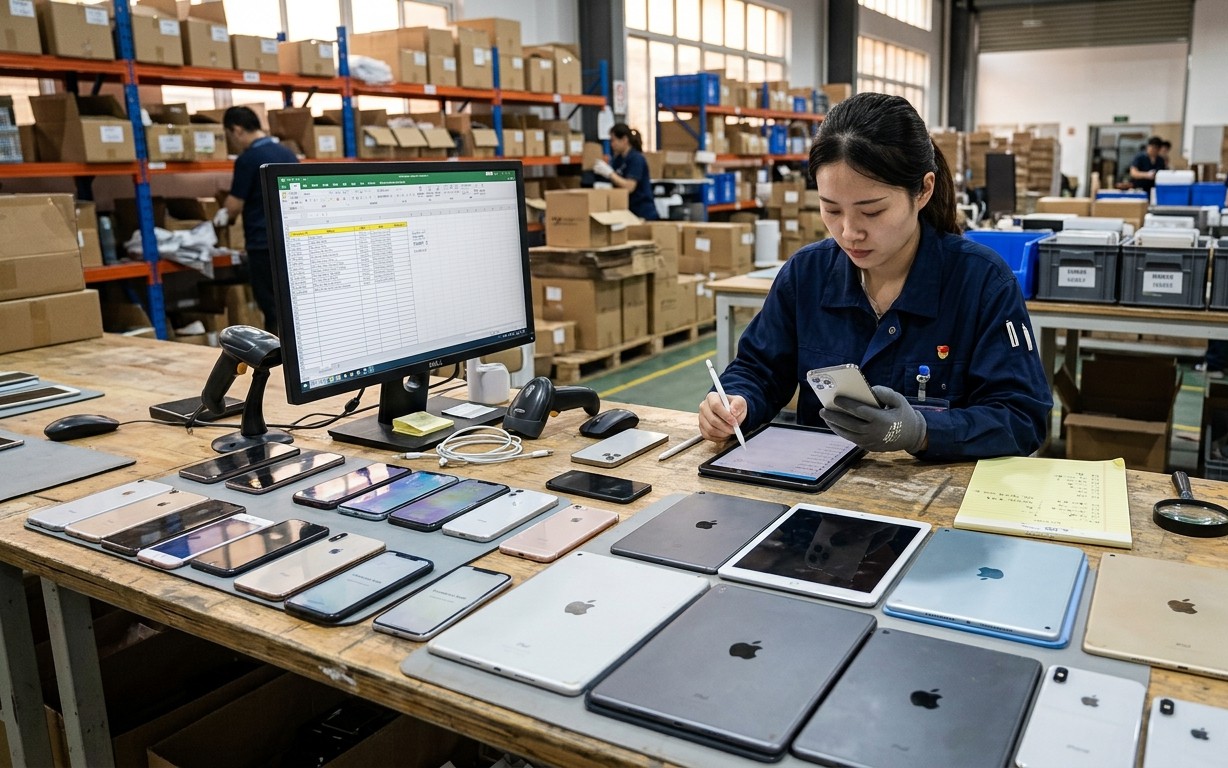 Collection of Apple smartphones and tablets arranged on a white surface, representing verified wholesale iPhone stock