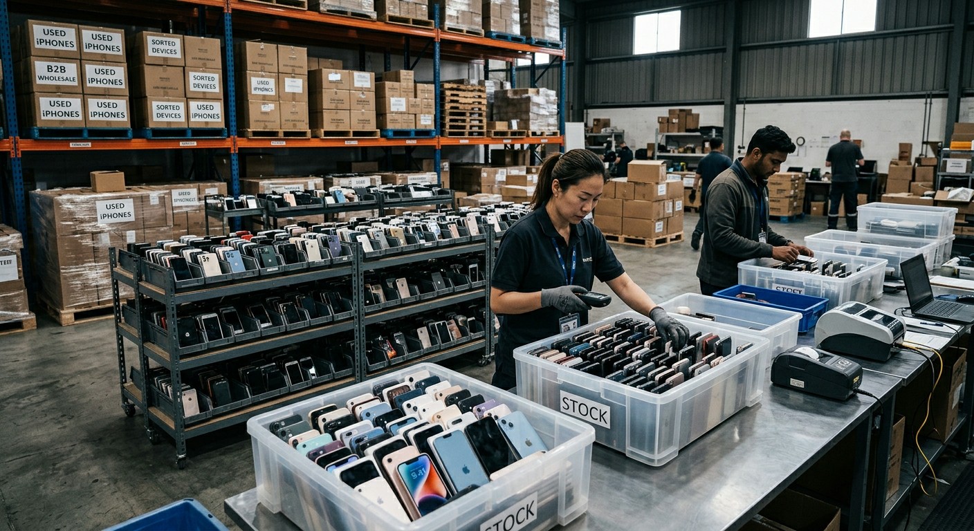 Bulk wholesale used iPhones being inspected and sorted for B2B distribution